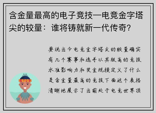 含金量最高的电子竞技—电竞金字塔尖的较量：谁将铸就新一代传奇？